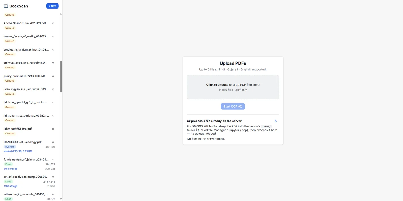 BookScan upload screen with a live per-book OCR job queue