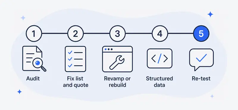 Five steps: audit, fix list and quote, revamp or rebuild, structured data, re-test