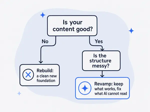 Decision tree: if your content is good but the structure is messy, revamp it; if not, rebuild on a clean new foundation