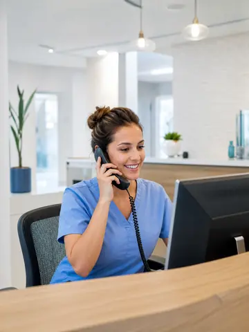 A dental front desk coordinator on the phone at reception
