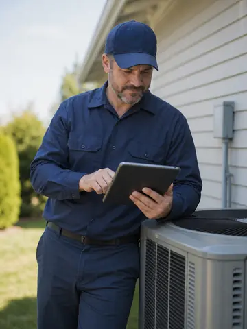 An HVAC technician checking a tablet beside an air conditioning unit