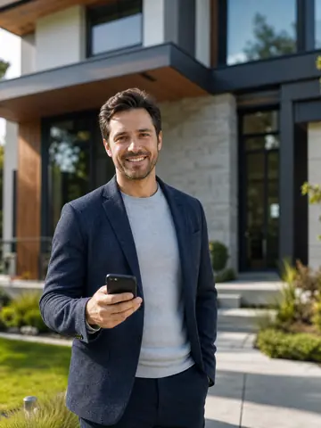 A real estate agent with a phone in front of a house